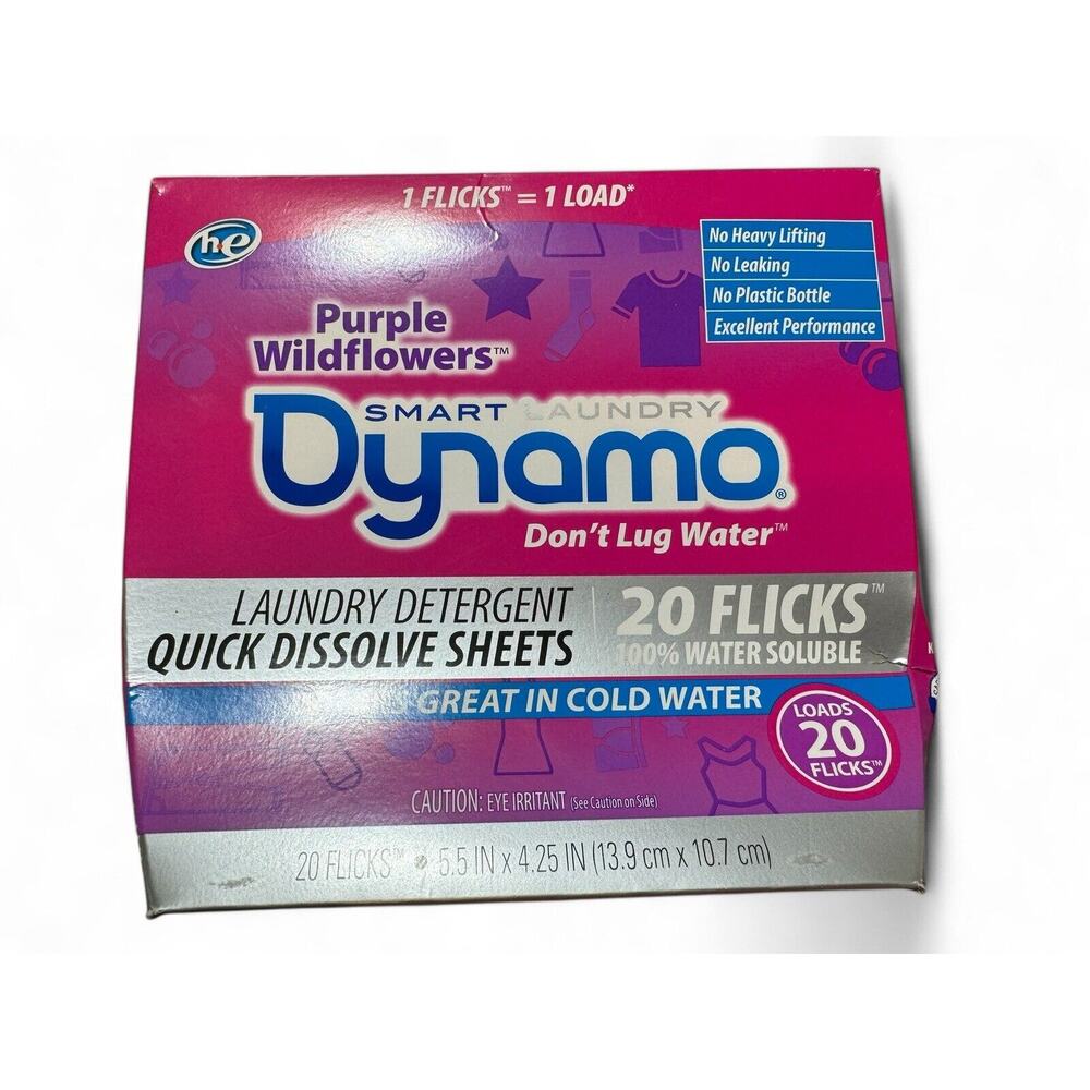 Dynamo Purple Wildflowers Laundry Detergent‎ Quick Dissolve Sheets 20 Load, New